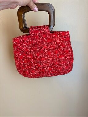 Vtg Handmade Red Bandanna Medium Sized Cloth Handbag With Plastic Handles 70’s